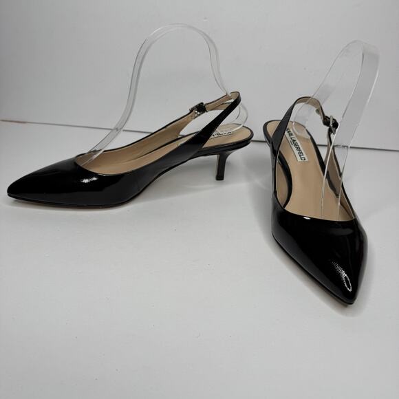 Karl Lagerfeld Paris Shoes Womens Size 8.5 Black Patent Slingback Kitten Pumps - Picture 3 of 10